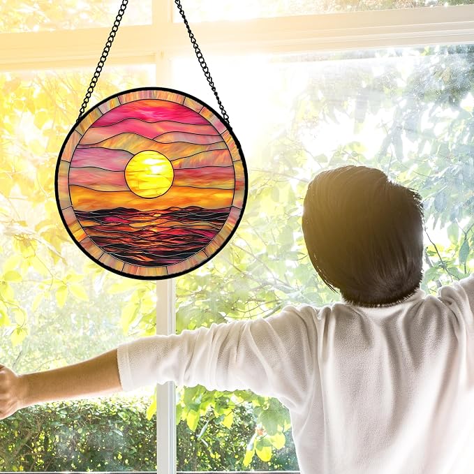 DASTOLL Stained Glass Window Hanging, Sunrise Sea Surface Sun Catchers Diamond Glass Panel Hangings Abstract Suncatcher Decor for Birthday for Women, Men, Wife, Aunt, and Mom 6.3 in