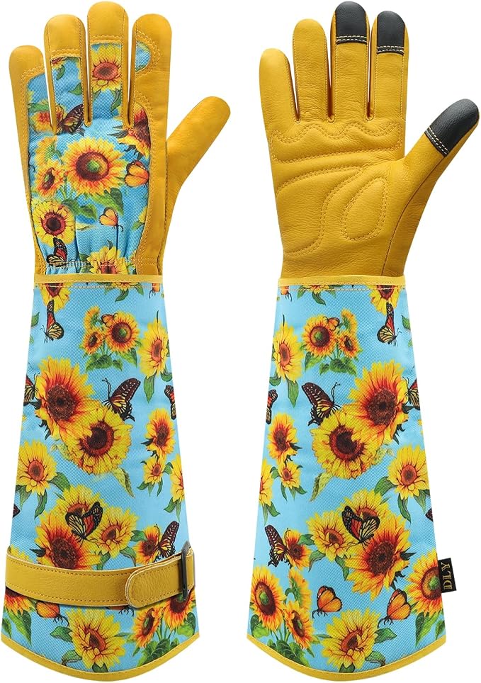 DLY Garden Gloves for Women,Gardening Gloves,Garden Gift for Lady,Blue,XL | Thornproof Cowhide Palm, Foam-Padded Grip, Long Sunflower Print Cuff, 3-Finger Touchscreen, Rose Pruning, Weeding & Yard Work