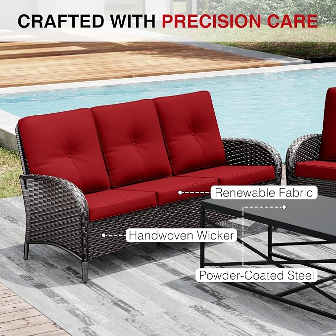 Joyside Wicker Patio Furniture Set, 6 Piece Outdoor Furniture Set with Thickened Cushions, High Back, Deep Seating, Wide Armrest, Rattan Outdoor Chairs for Porch, Deck
