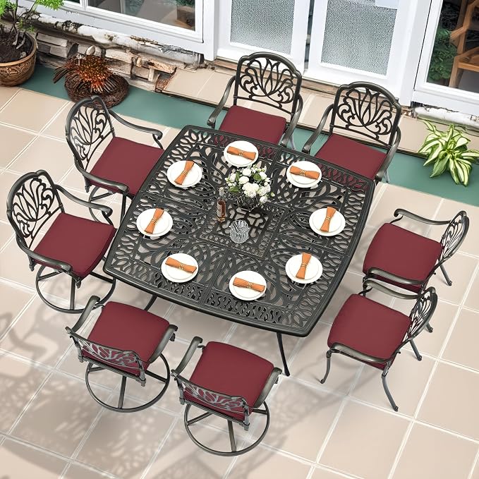 MEETWARM 9-Piece Outdoor Patio Dining Set for 8, All Weather Cast Aluminum Patio Funiture Table and Chairs Set- Large 64" Square Table and 4 Swivel Rocker Chairs, 4 Stationary, Umbrella Hole, Red