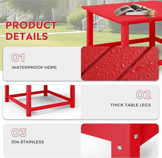 Costaelm Patio Conversation Set, Patio Chairs Set of 5 Balcony Firepit Furniture Outdoor Adirondack Square Table and Chair Backyard Furniture Set for Lawn Porch Pool Garden, Red