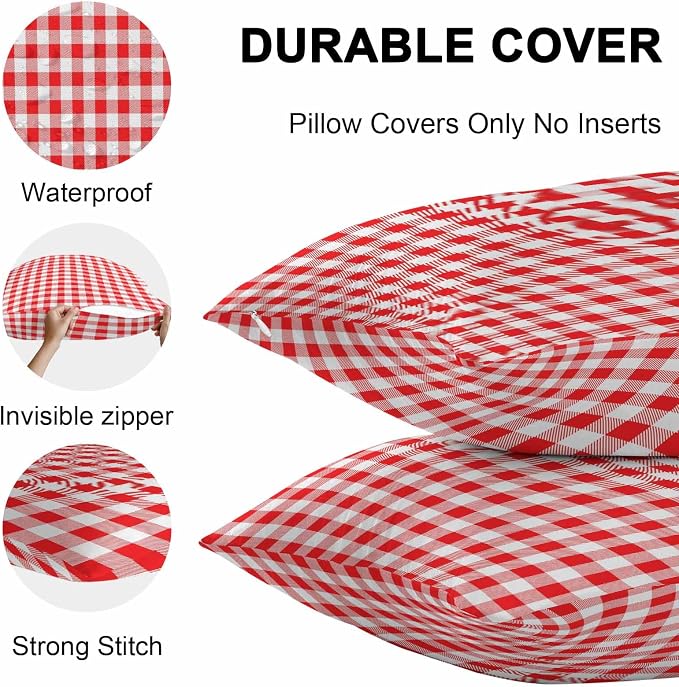 Outdoor Waterproof Throw Pillow Covers Set of 2 Red White Buffalo Plaid Pillowcases 20x20 Inches Pastoral Checked Decorative Pillows Cushion Case Patio Pillows for Couch Bed Chair Garden