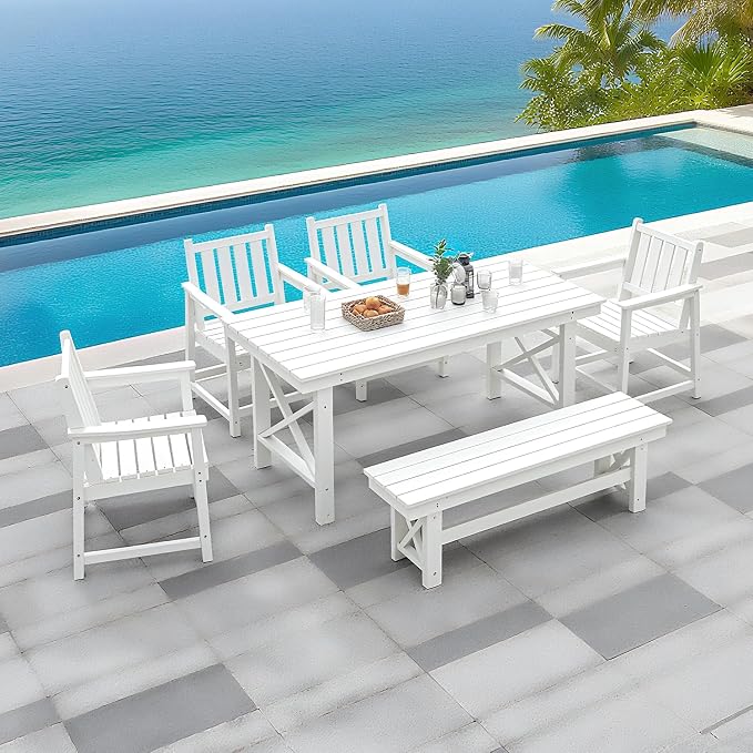 Outdoor HDPE Dining Set for 6, Patio Dining Furniture Set with Umbrella Hole Table and 1 Bench and 4 Chairs, All Weather Outdoor Dining Bench Sets for Poolside, Garden, Deck, White