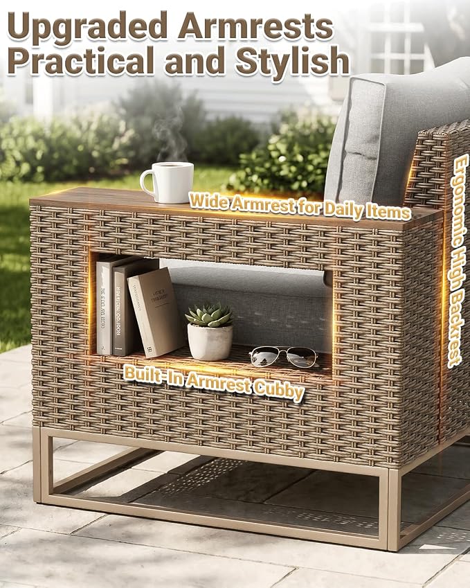 Outdoor Patio Furniture Set 12-Piece PE Rattan Wicker Outdoor Sectional Sofa with Thickened Cushions and Chunky Arms, Modern Modular L-Shaped Conversation Set for Garden, Backyard, Greige