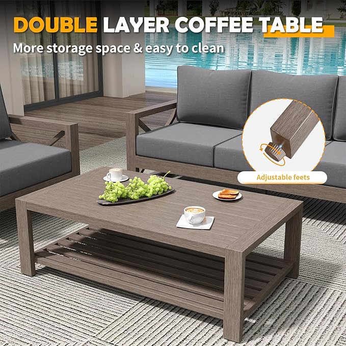 Amopatio Aluminum Patio Furniture Set, 8 Pieces Modern Metal Outdoor Furniture, Faux Wood Grain Finish Frame Patio Sofa Sets with 6" Cushion for Backyard, Dark Grey (Included Waterproof Covers)