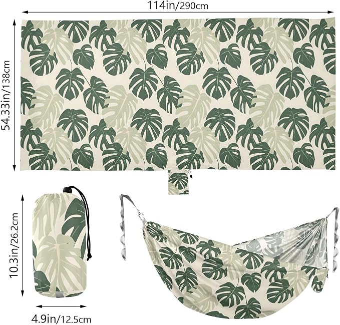 Camping Hammock Outdoor Hammocks for Outside Green Tropical Plants Beach Trees Portable Lightweight with Pockets Tree Straps Indoor Small