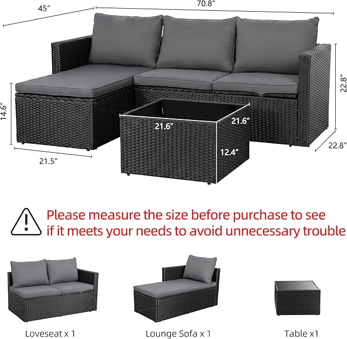 Shintenchi 4 Pieces Patio Furniture Set, 2-in-1 Convertible Sectional Sofa & Chaise Lounge, All-Weather Wicker Rattan Sofa Couch with Cushions & Coffee Table for Yard, Garden, Porch, Poolside (Gray)