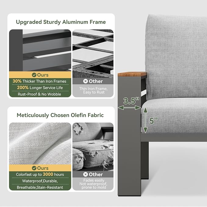 Aoxun Patio Furniture Set, Aluminum Patio Set with Fire Pit Table and 5" Thicken & Washable Cushion, Waterproof Outdoor Furniture, Outdoor Couch Sectional for Backyard (LS-7 Seats/F, Grey)