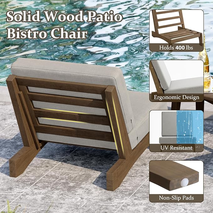 Pia Ricoo 3 Piece Patio Bistro Set with Patio Chairs and Table, Heavy Duty Wood Patio Furniture Set, All-Weather Outdoor Chairs for Balcony, Deck, Poolside, Porch - Light Camel