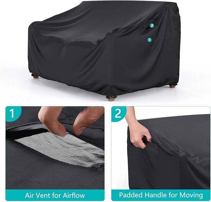 Patio Sofa Cover Waterproof - Heavy Duty 3-Seater Outdoor Couch Cover Patio Furniture Covers with Air Vent and Handles, 78" L×42" D×32" H, Black