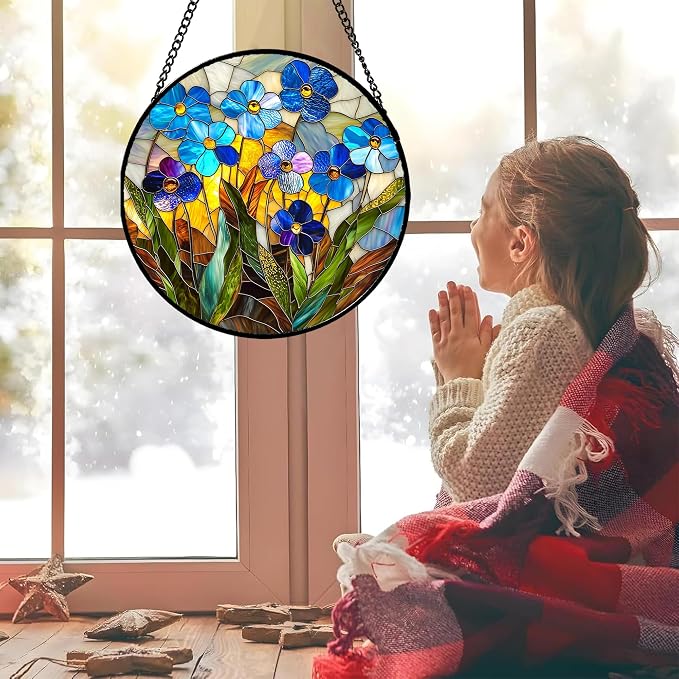 Stained Glass Window Hanging - Blue Wildflower Plant Flowers Sun Catcher for Door Garden Home Decor Suncatcher Christmas Mother's Day Birthday Gifts for Women Men Mom Nana 7.8 in