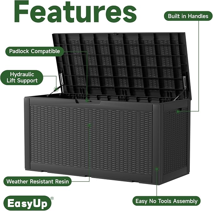 EasyUp 120 Gallon Deck Boxes Waterproof, Outdoor Large Storage Boxes with Lids, Outside Resin Storage Box & Deck Boxes for Patio, Garden Use(Black)
