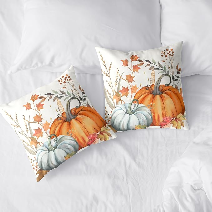 Fall Pumpkin Pillow Covers Maple Leaves Throw Pillow Covers Autumn Decorative Cushion Case 20x20 for Farmhouse Living Room Couch Patio Set of 2