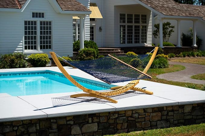 Hatteras Hammocks Executive Navy DuraCord Rope Hammock – 13 ft. x 65 in., 2-Person, 450 lb Capacity, Cumaru Spreader Bar, Zinc-Plated Hardware – Handcrafted in The USA