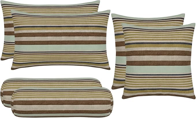 RSH DECOR Set of 6 Outdoor Pillow, Outdoor Pillows for Patio, Pillows w/Polyester Pillow Cases | Water & Fade Resistant Fabric | 17" Square, 20x12 Lumbar, 20x6 Neck Roll - Extend Seaglass