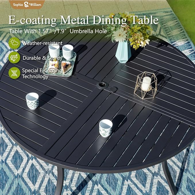 Sophia & William 5 Pieces Round Patio Dining Set for 4, 42" Diam Round Outdoor Table with Umbrella Hole, 4 Rattan Chairs with Cushion, All Weather Patio Table and Chairs Set for Outside