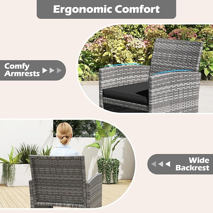RELAX4LIFE 4-Piece Patio Furniture Set - Wicker Rattan Outdoor Sectional Sofa Set w/Glass Coffee Table, Loveseat, 2 Single Chairs & Soft Cushions, Bistro Conversation for Garden Porch (1, Black)