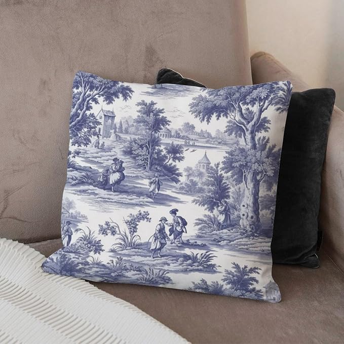 Navy White Blue Decorative Toile Print Cushion Cases French Charmed Life Toile Throw Pillow Cover Rustic Decorative Cushion Covers Home Decor for Patio Furniture Garden 22x22 in