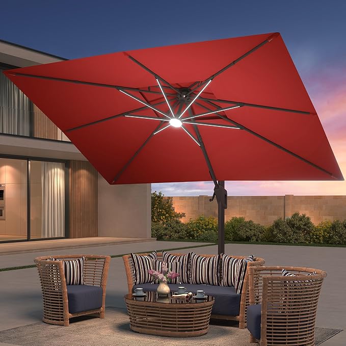 9x12 FT Patio Umbrella with Weighted Base and LED Lights Cantilever Outdoor Large Heavy Duty Rectangle Aluminum Offset Umbrellas Double Top 360 Rotation for Pool Deck Garden, Red