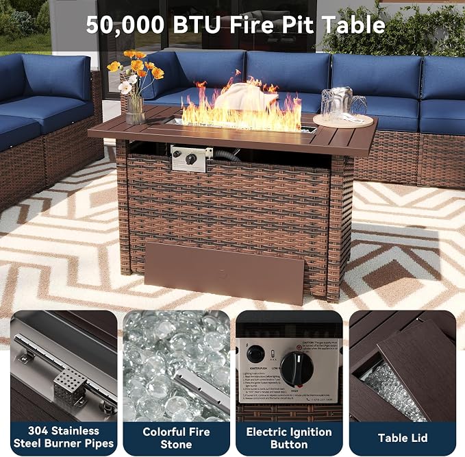 LazySunsets 12 Piece Outdoor Patio Furniture Set with 44'' Fire Pit Table, Outdoor Patio Furniture Sets with 4'' Thicken Cushion, Wicker Rattan Outdoor Conversation Set for Backyard, Blue