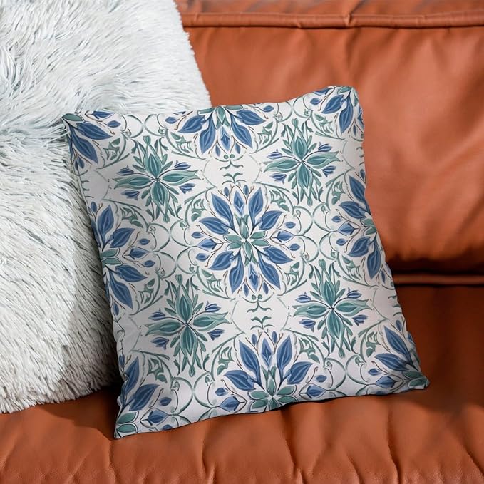 Pillowcase Mughal Flower Pillowcase Farmhouse Blue Lotus Floral Pillow Cover Accent Throw Pillow Covers Farmhouse Decorative for Sofa Bed Chair Car 22x22 in