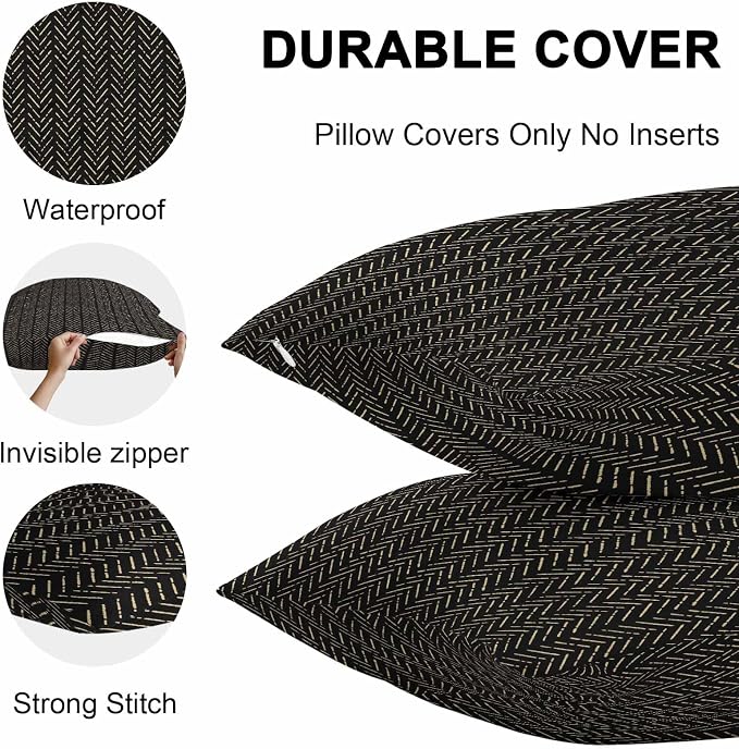 Vandarllin Outdoor Throw Pillows Covers 16x16 inch Set of 2 Waterproof Black Stripes Decorative Zippered Cushion Covers for Patio Furniture, Modern Geometric Art Lumbar Pillowcases