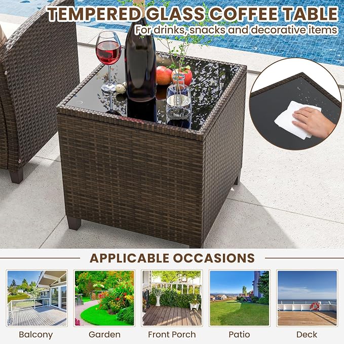 ORALNER 5 Pieces Patio Furniture Set with Ottoman, Wicker Conversation Set w/Cushions, Glass Coffee Table, Outdoor Rattan Lounger Chairs Bistro Set for Porch Balcony Garden Deck Poolside (Beige)