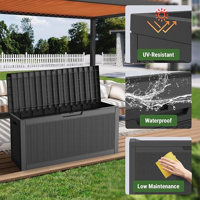 Mars Villa 60 Gallon Deck Box with Seat, Resin Outdoor Storage Box Waterproof, Lockable Lid, Weatherproof and UV Resistant, for Patio Furniture Cushions, Pool Supplies, Garden Tools, Black