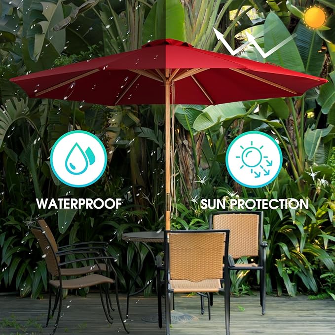 9ft Wooden Umbrella, Outdoor Patio Umbrella, Wood Market Umbrella, Patio Umbrella Wood Pole with Pulley Lift for Garden, Yard, Deck, Pool, Market