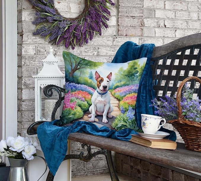 Caroline's Treasures English Bull Terrier Spring Path Throw Pillow Machine Washable, Indoor Outdoor Decorative Pillow for Couch, Bed or Patio, 18Hx18W