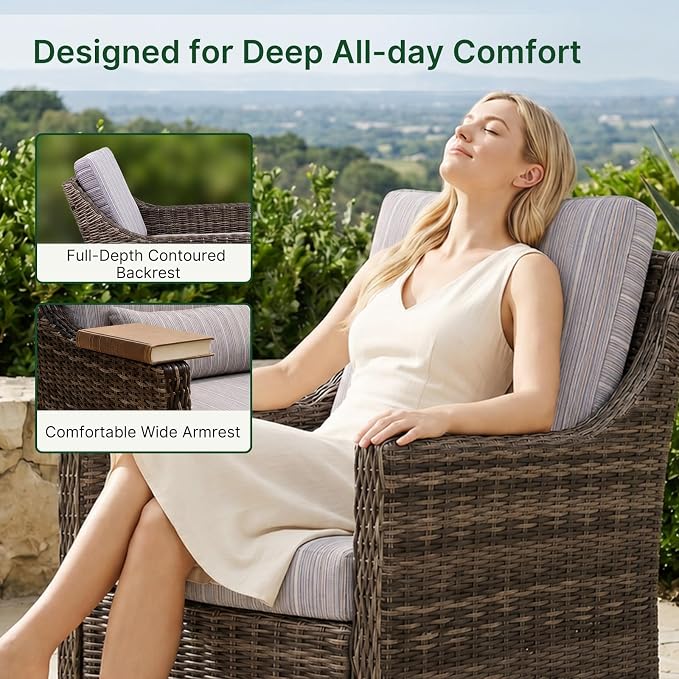 Wicker Patio Conversation Set, Outdoor Patio Furniture Set with Deep Seating, Wide Armrests & Thick Cushions, All-Weather Outdoor Furniture Set for Patio, Porch, Deck & Backyard