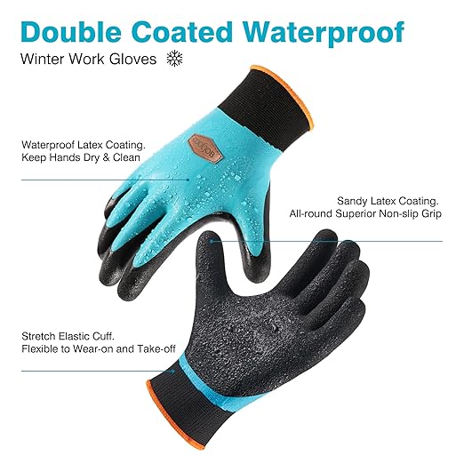 COOLJOB Waterproof Winter Freezer Gloves for Working Gardening Fishing Construction Worker, Double Coated Rubber for Warehouse Cold Refrigeration House, 1 Pair Medium Blue