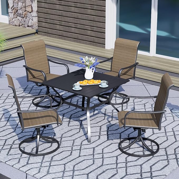 5 Piece Patio Brown High Back Swivel Chairs and 35" Square Table Dining Set | High Back, Curved Armrest, Textilene Fabric, All Weather, Rocking, Swivel Chairs, 35'' Square Table, Metal Top and Frame