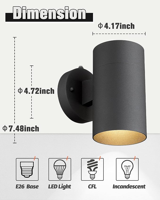 Ken & Ricky Dusk to Dawn Outdoor Wall Sconce Lights,Cylinder，Black ，4 PK | With Photocell Sensor,No Glare Exterior Lighting Fixtures,Outside Wall Light For House Front Porch Garage Patio Entryway