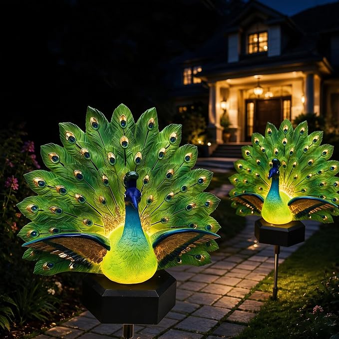Solar Peacock Garden Sculpture, Outdoor Decor Light with Auto-On LED, Tail Statue for Yard Patio Lawn Walkway Villa Landscape Decoration Gift (This Product is a Static Sculpture.