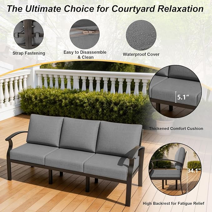 Gotland Aluminum Patio Furniture Set, Metal Outdoor Furniture with 2 Ottomans 5.1’’ High-Resilience Seat Cushions, 5 Piece Patio Set, Oversized Outdoor Sectional Patio Conversation Sets, Gray