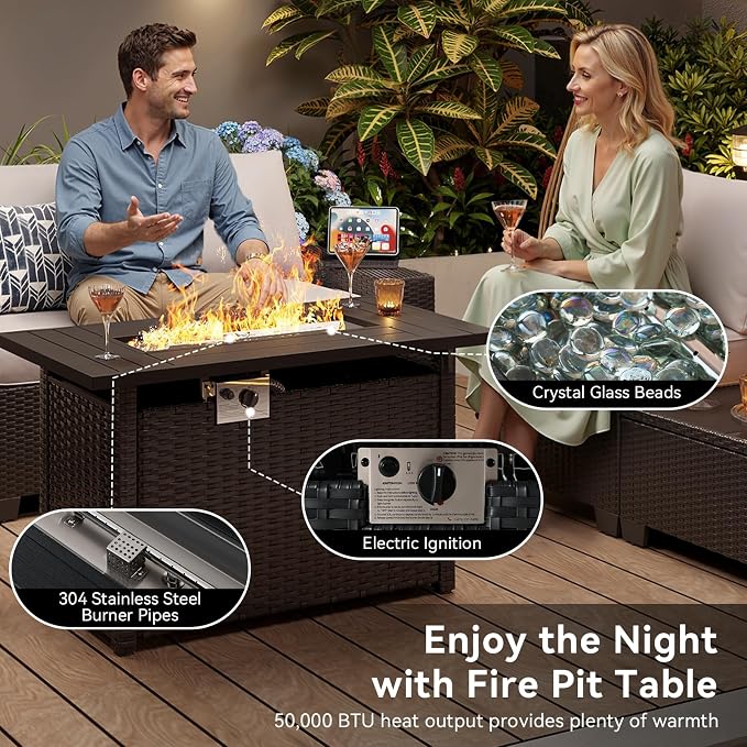 Aoxun Patio Furniture Sets with 44'' Fire Pit, 10 Pcs Outdoor Patio Coversation Set with 4'' Thicken Cushion, Widen Armrests Wicker Outdoor Sectional for Backyard & Garden, Black