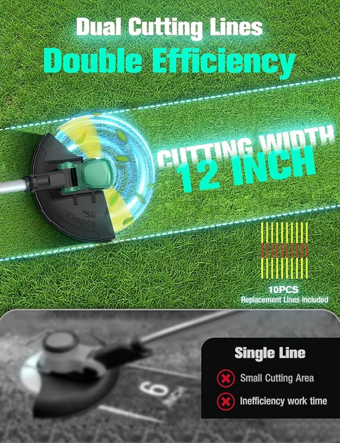 KIMO 20V Weed Wacker and Blower Combo w/2 x 2.0Ah Battery & Charger, Brushless Motor, 20000RPM 12" String Trimmer & Edger w/ 10PCS Cutting Lines, 260CFM/190MPH Cordless Leaf Blower w/Vacuum, 3 Nozzles