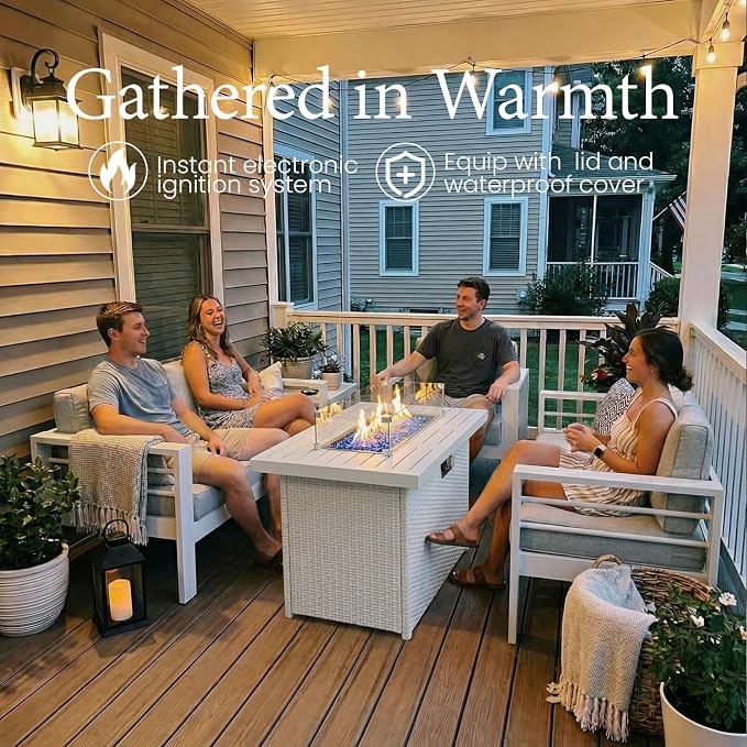LayinSun Aluminum Furniture Set with Fire Pit Table, 5 Pieces Patio Sectional Conversation Chat Sofa Modern Seating Set