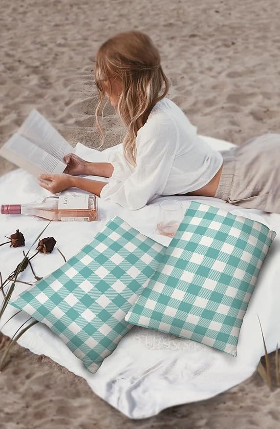 Outdoor Waterproof Throw Pillow Covers Set of 2 Teal Green White Check Plaid Lumbar Pillowcases 20x12 Inches Farmhouse Style Patio Decorative Pillows Cushion Case Patio Pillows for Couch Bed Garden