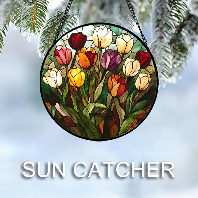 Stained Glass Window Hanging Colorful Tulip Large 15" - Flower Suncatcher Door Garden Sun Catcher Home Plant Decor Birthday Mother's Day for Mom Woman Friend Nana Colleague