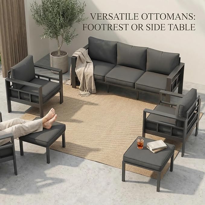 UDPATIO Aluminum Patio Furniture Set with 2 Ottomans, 7 Pieces All-Weather & UV-Resistant Outdoor Furniture for Deck, Backyard, Poolside, Dark Gray