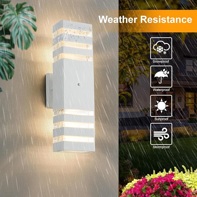 Dusk to Dawn Outdoor Wall Lights 2 Pack, White Front Porch Light Fixture, Anti-Rust Black LED Up and Down Outdoor Lights for House Hallway Garage Entryway