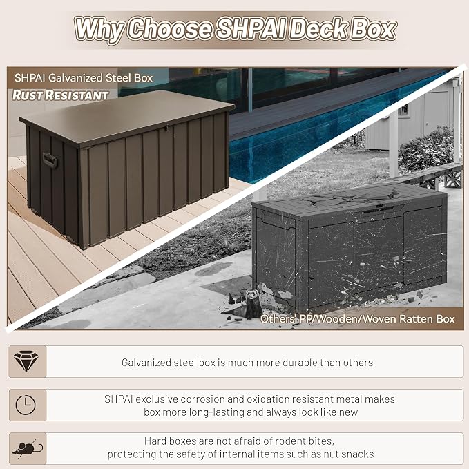 200Gallon Metal Deck Box, Outdoor Storage Box Waterproof, Large Patio Furniture Storage Cabinet, Lockable Storage Chest for Porch, Pillows, Cushions, Pool, Tools, Backyard -Brown