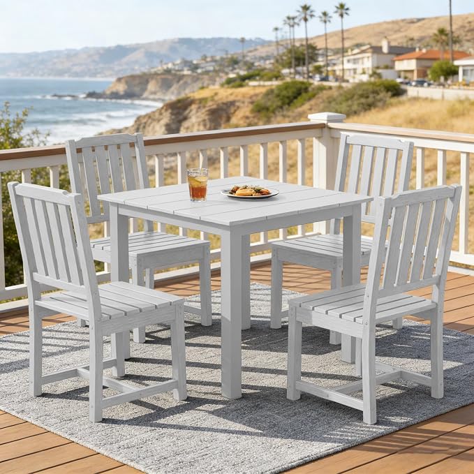 LOUNZY 5 Piece Outdoor Dining Table Set, Patio Furniture for 4, White | 4 seat Outdoor dining set, weather resistant HDPE, UV and moisture resistant, built for long-term backyard