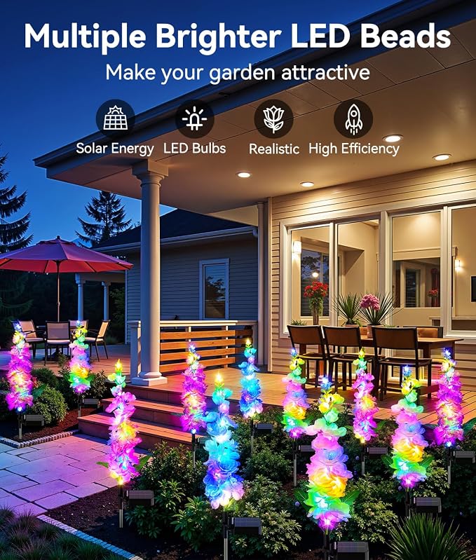 KOOPER Solar Lights Outdoor Garden Decor, 4 Pack Upgraded Delphinium Solar Garden Lights with 36 Colorful LEDs, Vivid Flowers Outdoor Waterproof for Landscape Patio Yard Decor