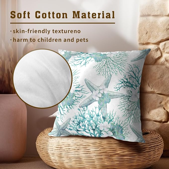 Nautical Coastal Throw Pillow Covers 16x16 Set of 2, Summer Ocean Beach Coral Floral Decorative Pillow Cases Cotton Cushion Cover for Home Sofa Couch Wedding Anniversary Decor