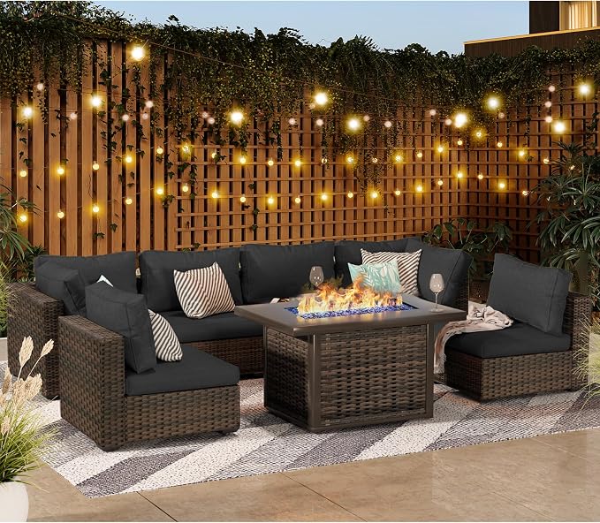 Grezone 15 Piece Patio Furniture Set with 44" Fire Pit Table, Outdoor Sectional Couch, PE Rattan Patio Conversation Sets with 4inch Cushions for Backyard Black