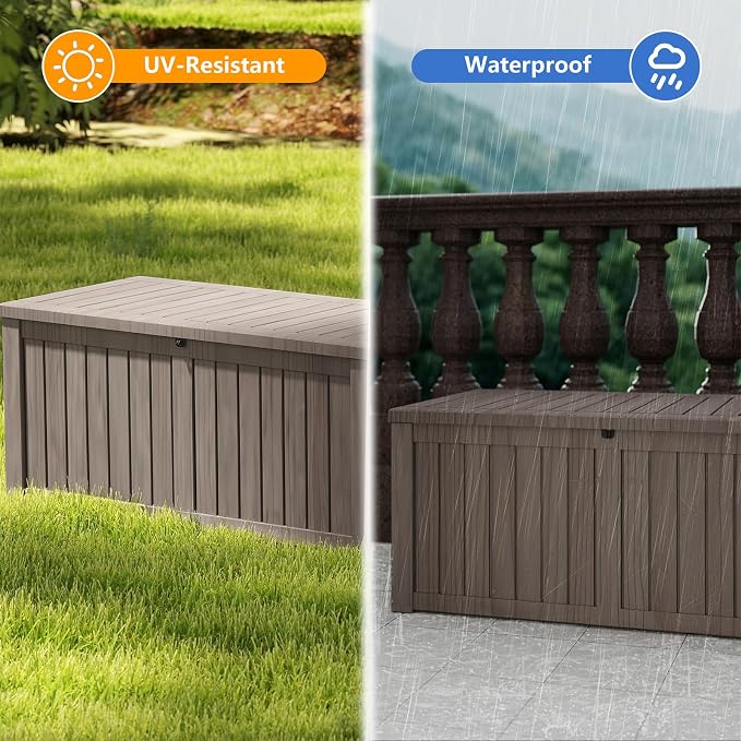 FEFLO 120 Gallon Resin Desk Boxes, Lockable Outdoor Storage Box | IP54 Weatherproof Package Delivery Boxes for Furniture, Toy, Shoe, Garden & Patio Tools Storage Outside - Brown