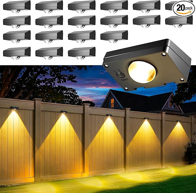 AUDERWIN Solar Fence Lights Outdoor Waterproof 20 Packs, Fence Lights Solar Powered, 3 Lighting Modes LED Lens Light for Wall, Backyard, Deck, Patio, Step, Stair, Porch, Pool Decor